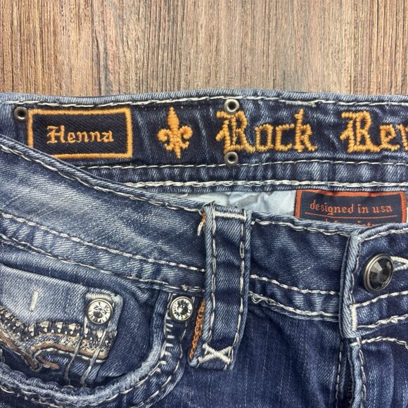Rock Revival Henna Skinny Jeans Rhinestones Distressed Dark Wash Women’s Size 25 - Picture 5 of 12